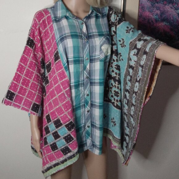 Janis Joplin Kantha Flannel Tunic 3X & Under Lace Hearts Upcycled Boho HIppie - Picture 1 of 4